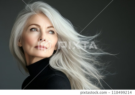 Gray-haired adult woman of fifty years old with lush hair 118499214