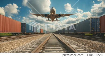 Cargo Plane Flying Above Container Trains on Railway Tracks Cargo Plane Flying Above Container Trains on Railway Tracks 118499220