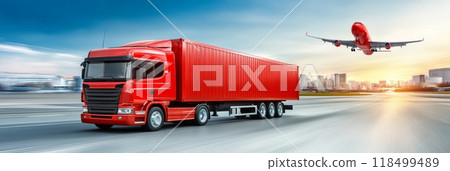 Container Truck and Cargo Plane in the Transportation and Logistics 118499489
