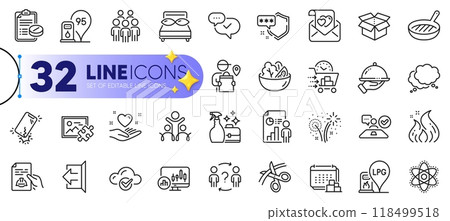 Outline set of Food delivery, Chemistry atom and Technical documentation line icons for web with Petrol station, Puzzle image, Fireworks thin icon. Pillows, Delivery man. Vector 118499518