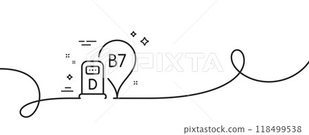 Diesel station line icon. Continuous one line with curl. Filling station location sign. B7 liquid fuel symbol. Diesel station single outline ribbon. Loop curve pattern. Vector Diesel station line icon. Continuous one line with curl. Filling station location sign. B7 liquid fuel symbol. Diesel station single outline ribbon. Loop curve pattern. Vector 118499538