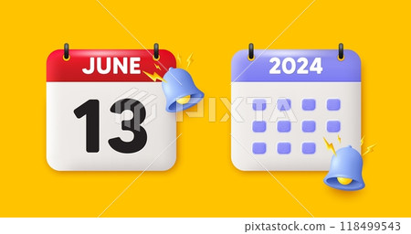 Calendar date 3d icon. 13th day of the month icon. Event schedule date. Meeting appointment time. 13th day of June month. Calendar event reminder date. Vector 118499543
