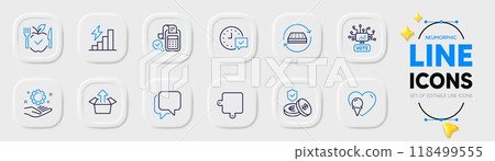 Ice cream, Select alarm and Savings insurance line icons for web app. Pack of Talk bubble, Consumption growth, Puzzle pictogram icons. Bill accounting, Vegetarian food, Send box signs. Vector 118499555