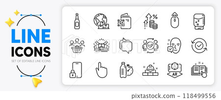 Fitness water, Hand click and Approved teamwork line icons set for app include Sports arena, Beer, Messenger outline thin icon. Face accepted, Qr code, Construction bricks pictogram icon. Vector 118499556