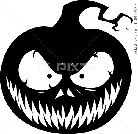 Halloween Vector Icon of a Creepy Smiling Jack O Lantern Pumpkin in Black Silhouette for Scary Spooky Designs, Png, Eps, Transparent Background 118499579