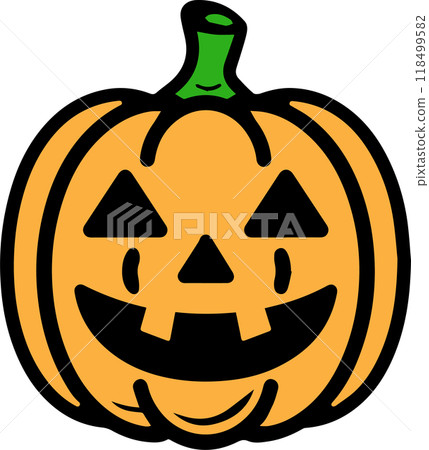 Halloween Icon of a Creepy Scary Smiling Pumpkin Jack O Lantern in a Orange, Green Black Outlined for Festive Designs, Png, Eps, Transparent Background 118499582