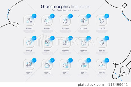 Set of Apple carrot, Salad and Pecan nut line icons for web app. Wind energy, Dirty water, Deckchair icons. Iceberg, Slow fashion, Organic tested signs. Plants watering, Leaves, Weather. Vector 118499641