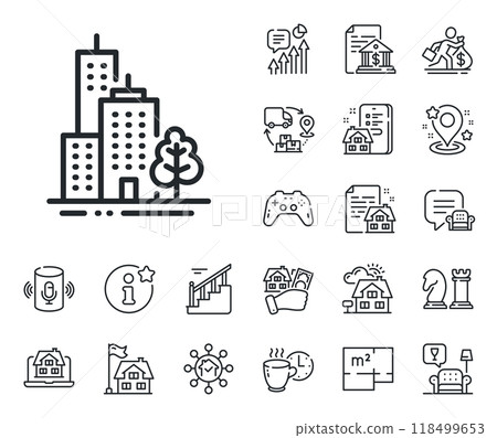 City architecture with tree sign. Floor plan, stairs and lounge room outline icons. Skyscraper buildings line icon. Town symbol. Skyscraper buildings line sign. Vector City architecture with tree sign. Floor plan, stairs and lounge room outline icons. Skyscraper buildings line icon. Town symbol. Skyscraper buildings line sign. Vector 118499653