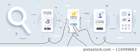 Keywords, Certificate and Opened box line icons pack. Phone screen mockup with 3d star, alert and chat message. Exam time, Report, Ice tea web icon. Checkbox, Mail pictogram. Vector Keywords, Certificate and Opened box line icons pack. Phone screen mockup with 3d star, alert and chat message. Exam time, Report, Ice tea web icon. Checkbox, Mail pictogram. Vector 118499663