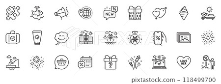 Icons pack as Shopping cart, Discounts calendar and Fireworks rocket line icons for app include Secret gift, Fireworks, Carry-on baggage outline thin icon web set. Smile, Christmas ball. Vector 118499700