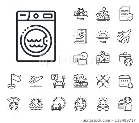Washing machine sign. Plane jet, travel map and baggage claim outline icons. Laundry line icon. Hotel service symbol. Laundry line sign. Car rental, taxi transport icon. Place location. Vector 118499717