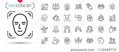 Pack of Consulting business, Fair trade and Face biometrics line icons. Include Face attention, Wallet, Computer fingerprint pictogram icons. People insurance, Ab testing, Add user signs. Vector 118499779