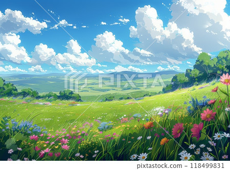 A vivid cartoon illustration of an endless green field 118499831
