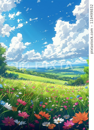 A vivid cartoon illustration of an endless green field 118499832