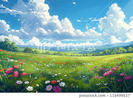 A vivid cartoon illustration of an endless green field A vivid cartoon illustration of an endless green field 118499837