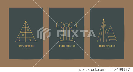 Elegant Merry Christmas invitation, card vector template. Luxury golden xmas, New year tree, bell illustrations for wrap, box, cover, poster. 118499937