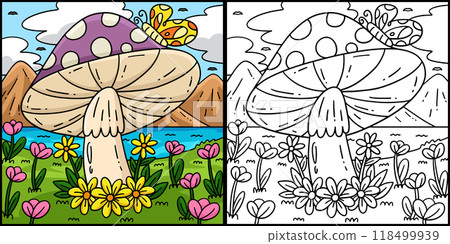 Mushroom with Flowers and Butterfly Illustration 118499939