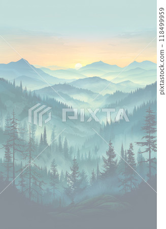 Vector illustration of a serene mountain landscape at sunrise 118499959