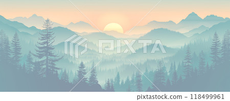 Vector illustration of a serene mountain landscape at sunrise 118499961