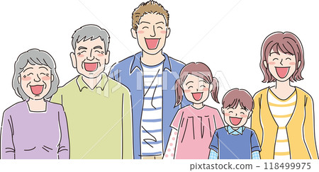 Three generations, six people family _ smiling _ standing in a row _ upper body Three generations, six people family _ smiling _ standing in a row _ upper body 118499975