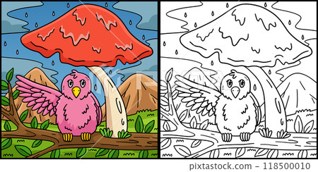 Giant Mushroom with a Bird Coloring Illustration 118500010