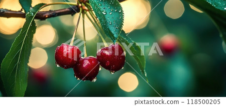 Cherries on a branch with raindrops 118500205