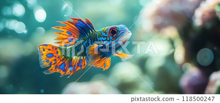 Colorful mandarin fish swimming in the ocean. Colorful mandarin fish swimming in the ocean. 118500247