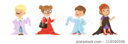 Cute Little Kids Wearing Elegant Adult Oversized Clothes Vector Set Cute Little Kids Wearing Elegant Adult Oversized Clothes Vector Set 118500389