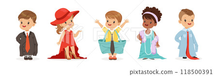 Cute Little Kids Wearing Elegant Adult Oversized Clothes Vector Set Cute Little Kids Wearing Elegant Adult Oversized Clothes Vector Set 118500391
