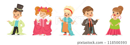 Cute Little Kids Wearing Elegant Adult Oversized Clothes Vector Set Cute Little Kids Wearing Elegant Adult Oversized Clothes Vector Set 118500393