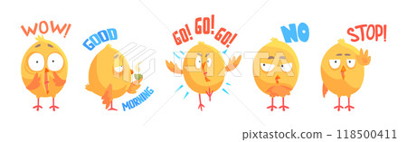 Baby Chick Say Word with Emotion and Inscription Vector Set 118500411