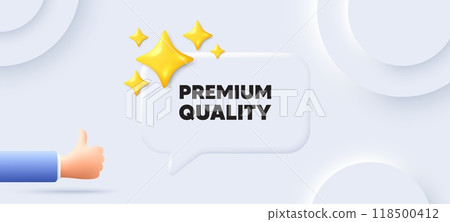 Premium quality tag. Neumorphic background with chat speech bubble. High product sign. Top offer symbol. Premium quality speech message. Banner with like hand. Vector 118500412