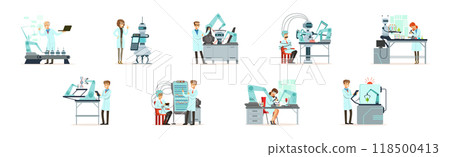 Artificial Intelligence with Man and Woman Scientists in Laboratory Working on Innovations Vector Set 118500413