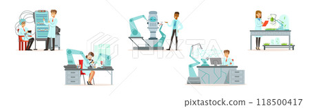 Artificial Intelligence with Man and Woman Scientists in Laboratory Working on Innovations Vector Set 118500417