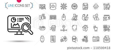 Pack of Food delivery, Touchscreen gesture and Qr code line icons. Include Smartwatch, Recovery file, Idea pictogram icons. Framework, Augmented reality, Warning signs. Seo analytics. Vector 118500418