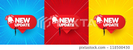 New update banner. Sunburst offer banner, flyer or poster. Red speech bubble with bell. Woman silhouette with megaphone icon. New update promo event banner. Starburst pop art coupon. Vector 118500430