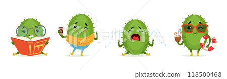 Green Cactus Funny Character Engaged in Different Activity Vector Set 118500468