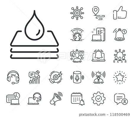 Water resistant sign. Place location, technology and smart speaker outline icons. Waterproof line icon. Drop protection symbol. Waterproof line sign. Influencer, brand ambassador icon. Vector 118500469