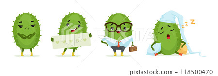 Green Cactus Funny Character Engaged in Different Activity Vector Set 118500470