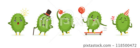 Green Cactus Funny Character Engaged in Different Activity Vector Set 118500472
