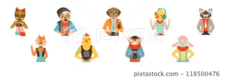People Character with Animal Heads and Trendy Clothes Vector Set 118500476