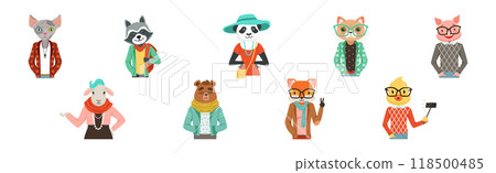 People Character with Animal Heads and Trendy Clothes Vector Set 118500485