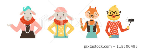 People Character with Animal Heads and Trendy Clothes Vector Set 118500493