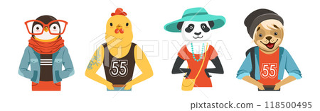 People Character with Animal Heads and Trendy Clothes Vector Set 118500495