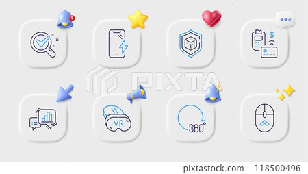 Pos terminal, Dice and Smartphone charging line icons. Buttons with 3d bell, chat speech, cursor. Pack of Swipe up, 360 degrees, Vr icon. Graph chart, Chemistry lab pictogram. Vector Pos terminal, Dice and Smartphone charging line icons. Buttons with 3d bell, chat speech, cursor. Pack of Swipe up, 360 degrees, Vr icon. Graph chart, Chemistry lab pictogram. Vector 118500496
