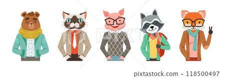 People Character with Animal Heads and Trendy Clothes Vector Set 118500497