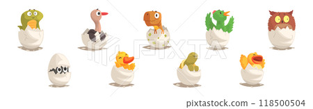 Chicks and Reptiles Hatch from Cracked Egg Shell Vector Set Chicks and Reptiles Hatch from Cracked Egg Shell Vector Set 118500504