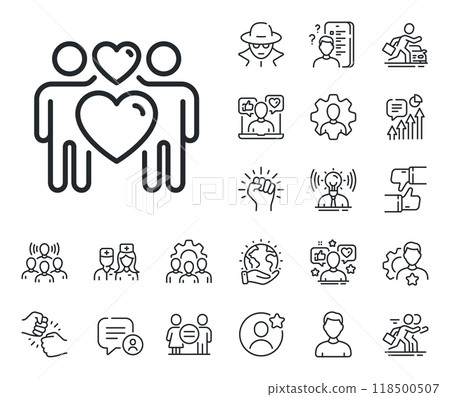 Heart lovers sign. Specialist, doctor and job competition outline icons. Love couple line icon. Valentine day symbol. Love couple line sign. Avatar placeholder, spy headshot icon. Vector Heart lovers sign. Specialist, doctor and job competition outline icons. Love couple line icon. Valentine day symbol. Love couple line sign. Avatar placeholder, spy headshot icon. Vector 118500507