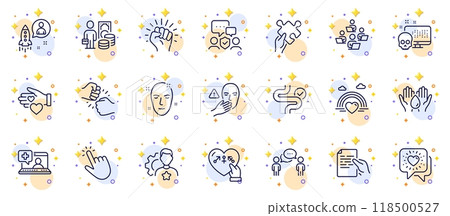 Outline set of Cursor, Digestion and Money profit line icons for web app. Include Consulting business, Teamwork, Fist bump pictogram icons. Medical help, Hold document, Volunteer signs. Vector 118500527