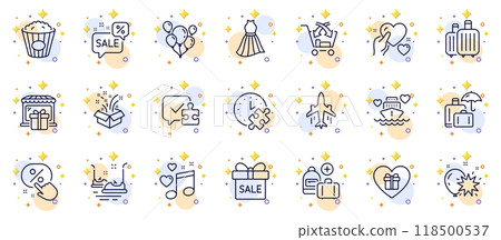 Outline set of Romantic gift, Bumper cars and Honeymoon cruise line icons for web app. Include Gift shop, Luggage insurance, Love music pictogram icons. Puzzle time, Balloon dart. Vector Outline set of Romantic gift, Bumper cars and Honeymoon cruise line icons for web app. Include Gift shop, Luggage insurance, Love music pictogram icons. Puzzle time, Balloon dart. Vector 118500537